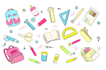 Colorful school supplies pattern for educational design projects.
