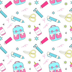 Colorful school supplies pattern for education projects and stationery design.