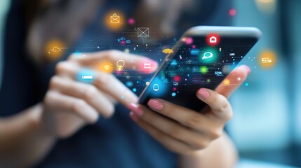A person holds a smartphone with colorful digital icons representing communication, messages, and technology floating above the device.