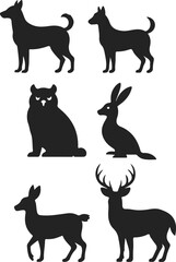 Collection silhouettes of domestic and wild animals on white background