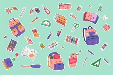 Colorful school supplies stickers set with notebooks and backpacks.