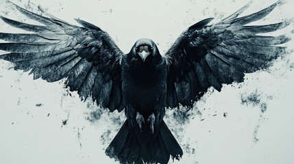 A dynamic shot of a raven with its glossy black feathers facing forward on a seamless white background