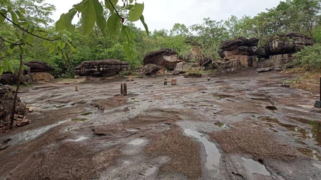 eroded sandstone rock structure civilization formations in  prehistoric park. religious shrines at Phu Phra Bat Historical Park in Udon Thani Province.