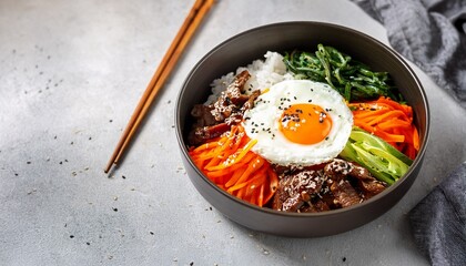 A bowl of Bibimbap with rice, sautéed vegetables, a fried egg, beef, and gochujang (Korean chili paste), garnished with sesame seeds.