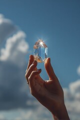 Hand holding a sparkling crystal against a scenic sky natural beauty outdoor inspirational viewpoint
