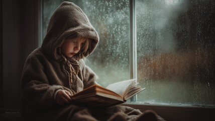 A child sitting by a window on a rainy afternoon reading a fantasy book with awe and imagination in their eyes cozy indoor atmosphere soft natural light
