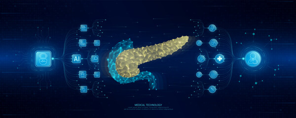 Doctor and robot icons in circuit board chip. Medical technology network connection and artificial intelligence (AI) against polygon human pancreas. Digital health care smart. Banner vector.