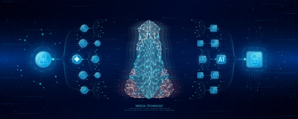 Doctor and robot icons in circuit board chip. Medical technology network connection and artificial intelligence (AI) against polygon human nose. Digital health care smart. Banner vector.