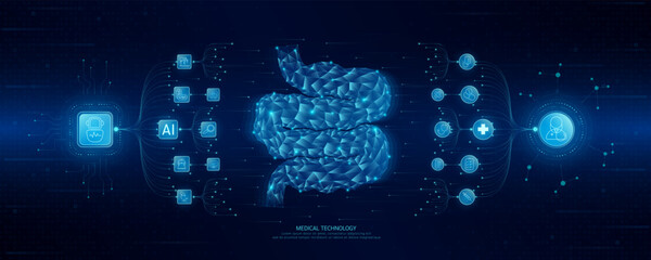 Doctor and robot icons in circuit board chip. Medical technology network connection and artificial intelligence (AI) against polygon human small intestine. Digital health care smart. Banner vector.