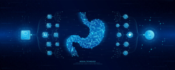 Doctor and robot icons in circuit board chip. Medical technology network connection and artificial intelligence (AI) against polygon human stomach. Digital health care smart. Banner vector.