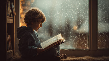 A child sitting by a window on a rainy afternoon reading a fantasy book with awe and imagination in their eyes cozy indoor atmosphere soft natural light