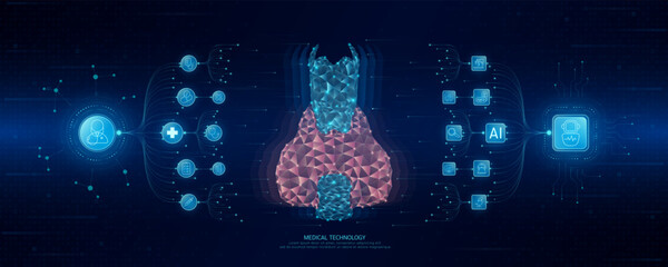 Doctor and robot icons in circuit board chip. Medical technology network connection and artificial intelligence (AI) against polygon human thyroid gland. Digital health care smart. Banner vector.