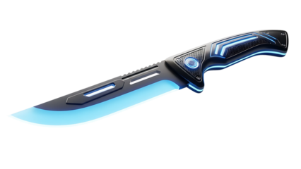 Futuristic knife with a glowing blue blade and handle accents, isolated on a white background.