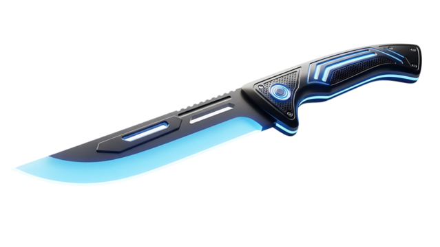 Futuristic knife with a glowing blue blade and handle accents, isolated on a white background.