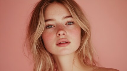Naklejka premium Close-up portrait of a young woman with blonde hair and freckles against a pink background.