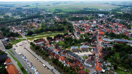 An arial view from the old town in the city Tönning in Germany on a sunny day in spring