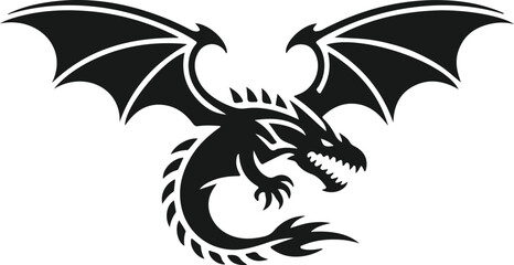 Fierce black dragon silhouette with wings spread wide in attack pose