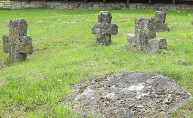 ancient stone crosses on the territory of the Izborsk Kremlin