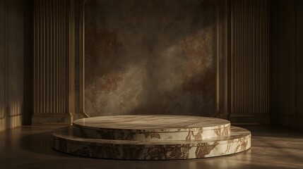 Luxurious marble podium with ornate gold accents and textured walls in a dimly lit room