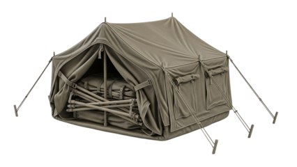 A military-style tent, open and disassembled, displayed on a plain background.