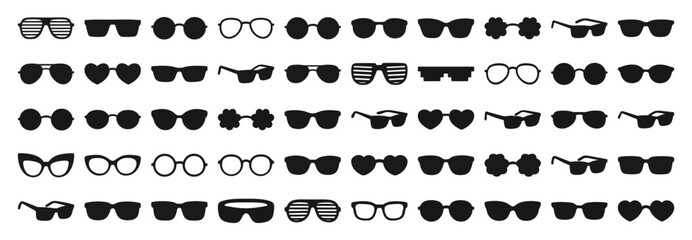 Vector set of sunglasses and eyeglasses icons. Includes silhouette illustrations of eyewear such as retro spectacles, geek glasses, and modern fashion frames. Isolated on white background.