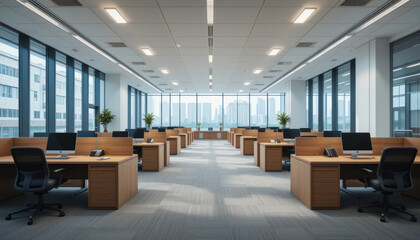 Bright, modern office space with rows of desks and chairs, illuminated by large windows.