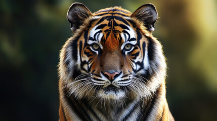 Fototapeta premium Close-up portrait of a majestic tiger with piercing eyes and vibrant orange black striped fur in natural habitat