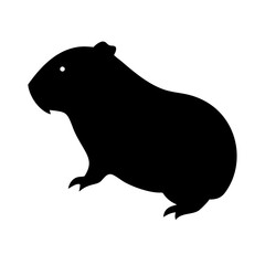 A simple black silhouette of a capybara with a white dot for an eye