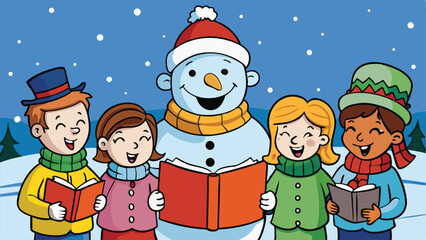 Fototapeta premium People Singing Christmas Carols Snowman.