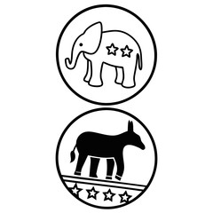 Republican elephant and democratic donkey symbols in circles silhouette