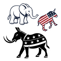 Democratic donkey and republican elephant symbols with us flag elements silhouette