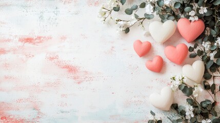A white and pink heart-shaped decoration with green leaves and white flowers on a white background.