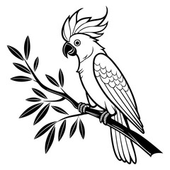 Stylized black and white cockatoo perched on a branch with leaves silhouette