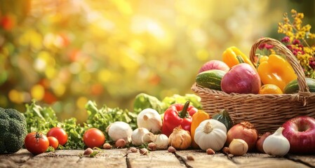 A basket filled with fresh vegetables and fruits on a wooden table in a garden setting.
