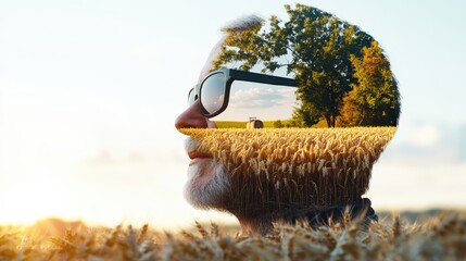 Creative double exposure image of a man's profile with sunglasses reflecting scenic nature landscape du sunset