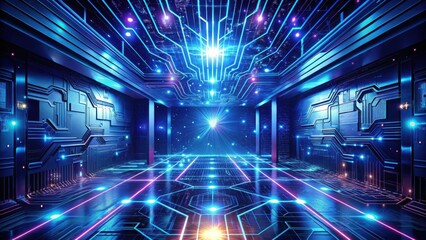 Futuristic digital corridor with glowing circuit board walls and illuminated floor, showcasing a vibrant, modern technological environment