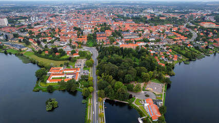 An arial view from the old town in the city Viborg in Denmark on a sunny day in spring

