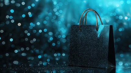 A glittery black shopping bag with gold handles against a blue and silver bokeh background.