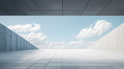 A spacious, open concrete room with a concrete ceiling and floor, and a view of a cloudy sky through a large window.