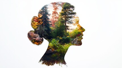 Artistic double exposure of a woman's profile combined with vibrant forest landscape in natural sunlight