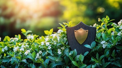 A wooden shield with a gold emblem sits atop a lush green hedge with white flowers in a garden setting.