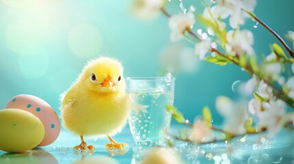 A yellow chick with polka dots on its eggs, standing next to a glass of water and a branch with white flowers on a blue background.