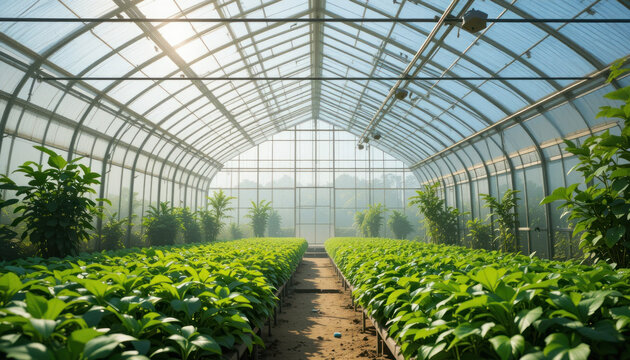 Lush greenhouse interior filled with rows of vibrant green plants under glass roof.