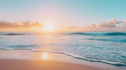 A serene beach scene with a golden sunset and gentle waves.