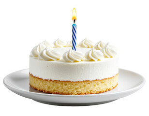 Minimalist Birthday Cake with Single Candle on Ceramic Plate, front angle, transparent background.
