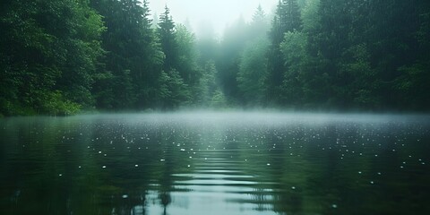 Serene Misty Lake Surrounded by Forest in Calm Rainy Weather