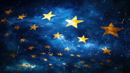 A starry night sky with golden stars against a dark blue background. The celestial theme captures the beauty of the universe.