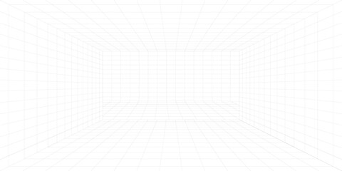 Futuristic perspective grid box. Abstract wireframe with white grid line on black background. Virtual reality landscape in 80s 90s digital style. Vector