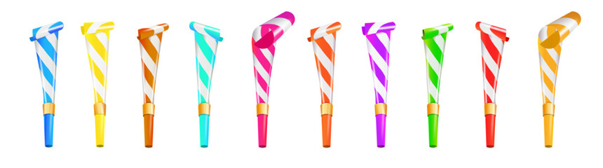 Color Party Blower Whistles Set of Celebration Happy Party. Realistic Detailed 3d. Vector