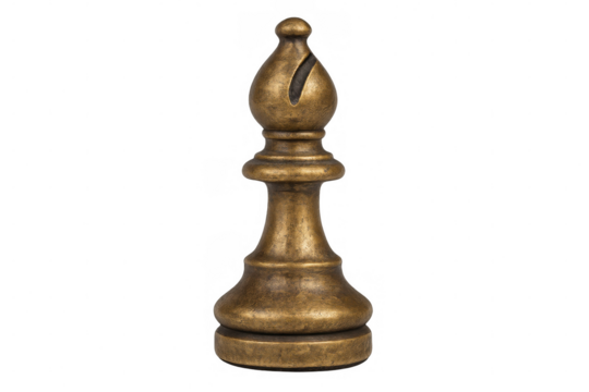 Brass bishop chess piece positioned against clear background, highlighting strategic gameplay and competitive spirit in board game design